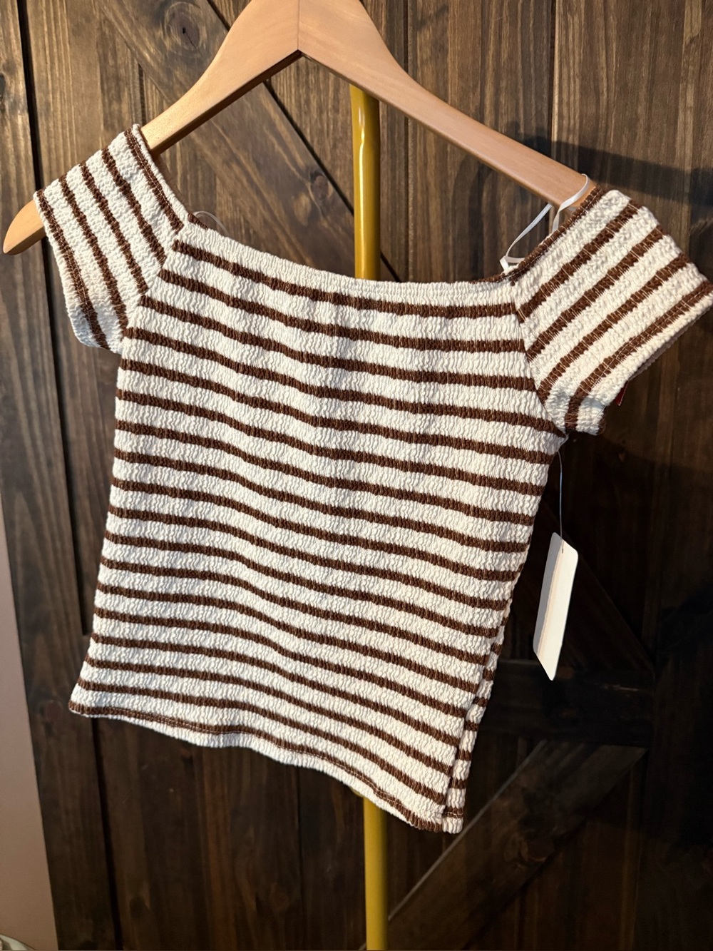 gaze Brown and Cream Striped Off-Shoulder Crop Top